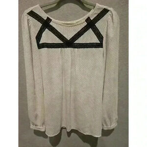 Ann Taylor Loft Women's M White Polka Dot Long Sleeve Blouse Crochet Trim